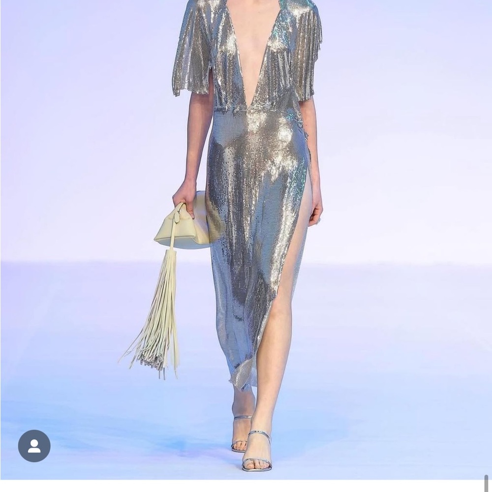 Silver Sequin Gown with Fringe Clutch